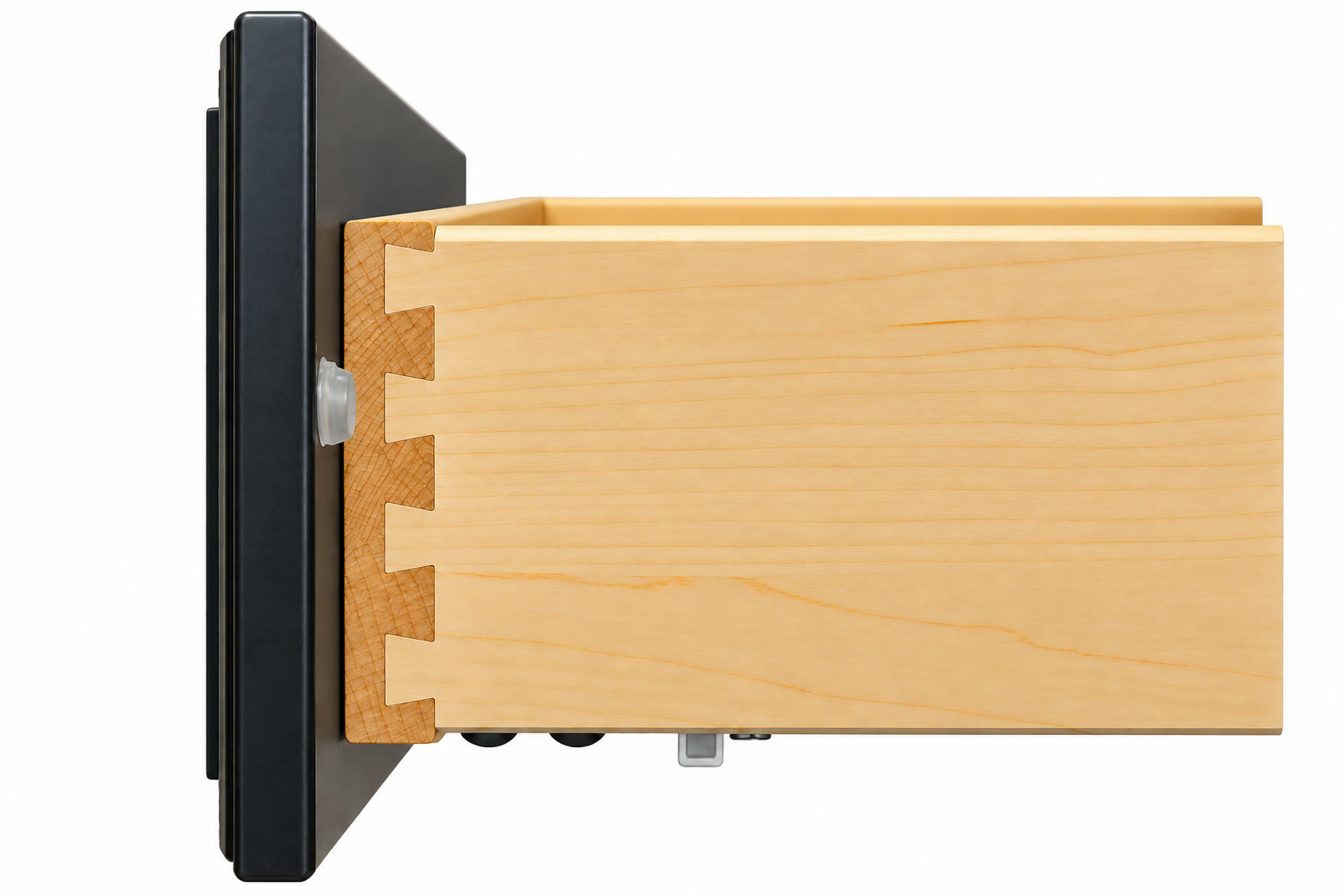 Solid wood drawer side with dovetail joints, undermount fittings and a bumper