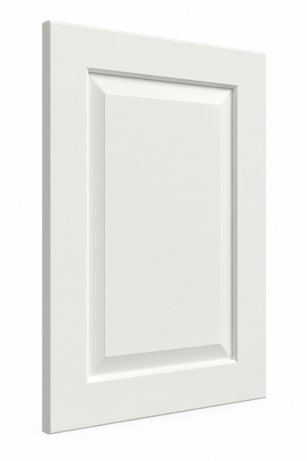 White raised-panel cabinet door with a beveled center panel